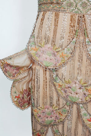 1920's Beaded Embroidered Blush-Pink French Couture Silk Petal Deco Dress