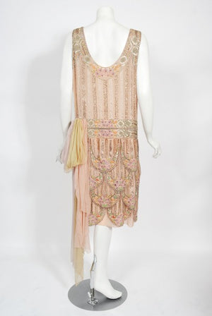 1920's Beaded Embroidered Blush-Pink French Couture Silk Petal Deco Dress