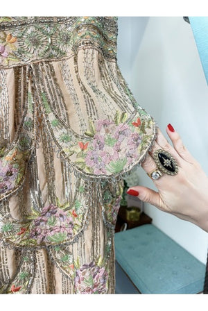 1920's Beaded Embroidered Blush-Pink French Couture Silk Petal Deco Dress