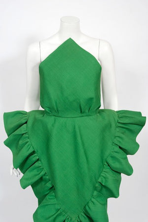 1987 Pierre Cardin Haute Couture Green Silk Sculptural Ruffle Gown