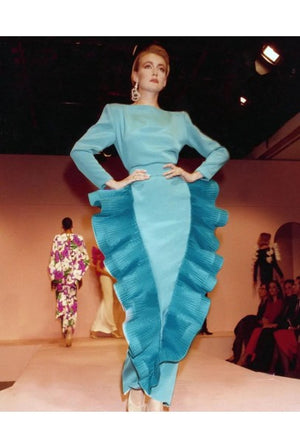 1987 Pierre Cardin Haute Couture Green Silk Sculptural Ruffle Gown