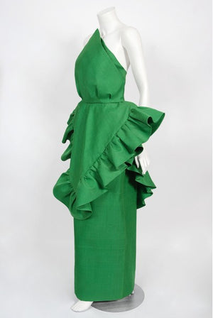 1987 Pierre Cardin Haute Couture Green Silk Sculptural Ruffle Gown