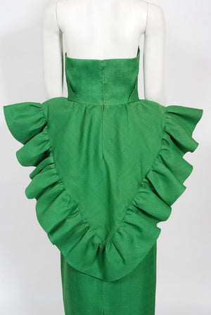1987 Pierre Cardin Haute Couture Green Silk Sculptural Ruffle Gown