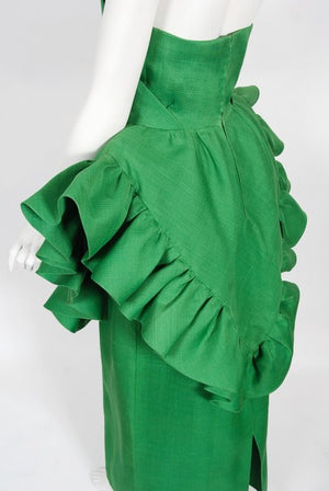 1987 Pierre Cardin Haute Couture Green Silk Sculptural Ruffle Gown