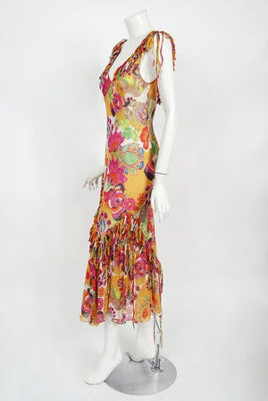 2005 Christian Dior by John Galliano Colorful Floral Silk Bias-Cut Dress