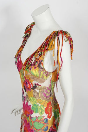2005 Christian Dior by John Galliano Colorful Floral Silk Bias-Cut Dress