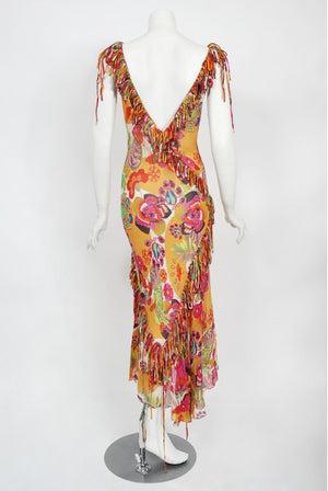 2005 Christian Dior by John Galliano Colorful Floral Silk Bias-Cut Dress
