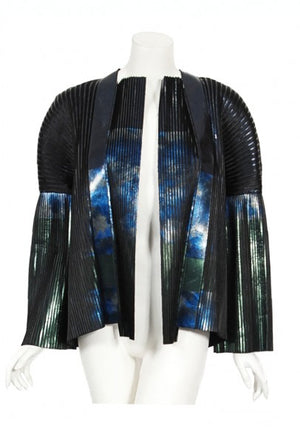 2009 Balenciaga Runway Iridescent Pleated Blue Silk Bell-Sleeve Jacket w/ Tags