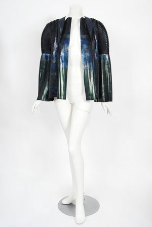 2009 Balenciaga Runway Iridescent Pleated Blue Silk Bell-Sleeve Jacket w/ Tags