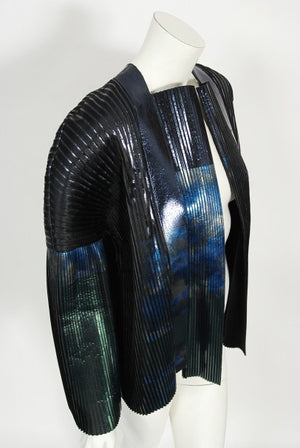 2009 Balenciaga Runway Iridescent Pleated Blue Silk Bell-Sleeve Jacket w/ Tags