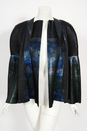 2009 Balenciaga Runway Iridescent Pleated Blue Silk Bell-Sleeve Jacket w/ Tags