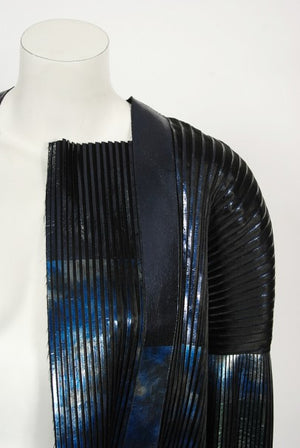2009 Balenciaga Runway Iridescent Pleated Blue Silk Bell-Sleeve Jacket w/ Tags
