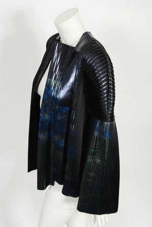 2009 Balenciaga Runway Iridescent Pleated Blue Silk Bell-Sleeve Jacket w/ Tags