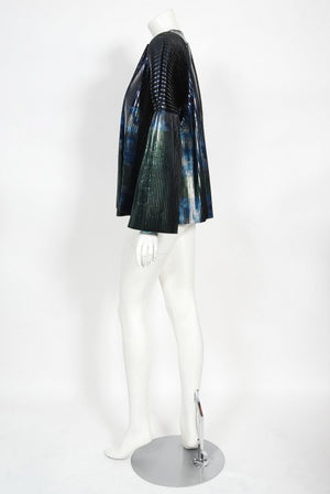 2009 Balenciaga Runway Iridescent Pleated Blue Silk Bell-Sleeve Jacket w/ Tags