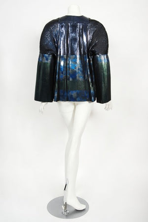 2009 Balenciaga Runway Iridescent Pleated Blue Silk Bell-Sleeve Jacket w/ Tags