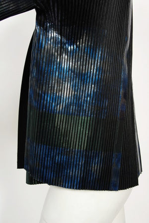 2009 Balenciaga Runway Iridescent Pleated Blue Silk Bell-Sleeve Jacket w/ Tags