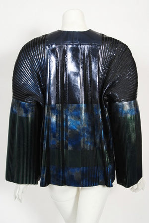 2009 Balenciaga Runway Iridescent Pleated Blue Silk Bell-Sleeve Jacket w/ Tags