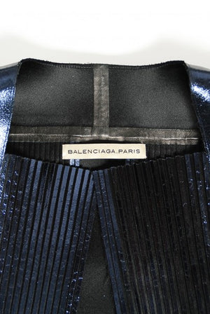 2009 Balenciaga Runway Iridescent Pleated Blue Silk Bell-Sleeve Jacket w/ Tags