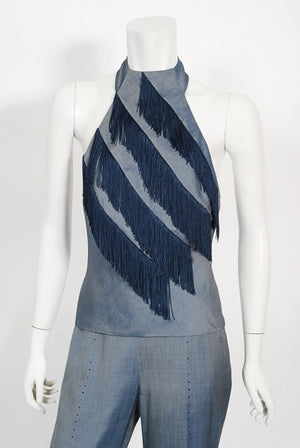 1998 Alexander McQueen for Givenchy Runway Silk Fringed Halter Pantsuit