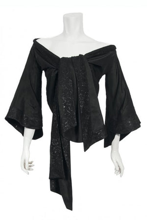 1994 John Galliano Silk & Metallic Lace Cropped Kimono-Style Wrap Jacket