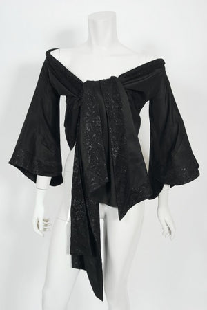 1994 John Galliano Silk & Metallic Lace Cropped Kimono-Style Wrap Jacket