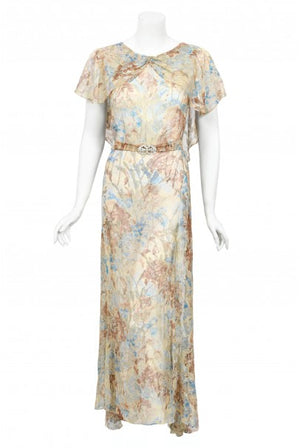 1930's Metallic Floral Semi-Sheer Lamé Silk Capelet Drape Belted Gown