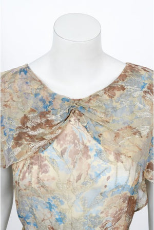 1930's Metallic Floral Semi-Sheer Lamé Silk Capelet Drape Belted Gown