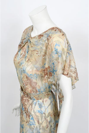 1930's Metallic Floral Semi-Sheer Lamé Silk Capelet Drape Belted Gown