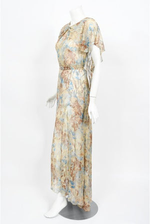 1930's Metallic Floral Semi-Sheer Lamé Silk Capelet Drape Belted Gown