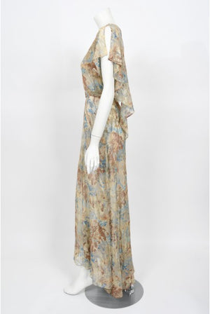 1930's Metallic Floral Semi-Sheer Lamé Silk Capelet Drape Belted Gown