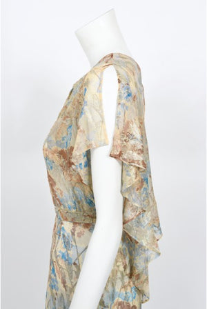 1930's Metallic Floral Semi-Sheer Lamé Silk Capelet Drape Belted Gown