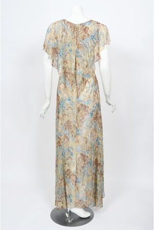 1930's Metallic Floral Semi-Sheer Lamé Silk Capelet Drape Belted Gown