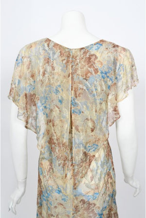 1930's Metallic Floral Semi-Sheer Lamé Silk Capelet Drape Belted Gown