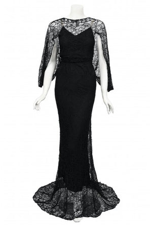 1930's Molyneux Haute Couture Black Lace Winged Sleeve Bias-Cut Gown