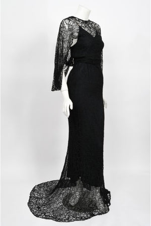 1930's Molyneux Haute Couture Black Lace Winged Sleeve Bias-Cut Gown