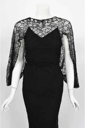 1930's Molyneux Haute Couture Black Lace Winged Sleeve Bias-Cut Gown