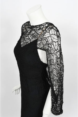 1930's Molyneux Haute Couture Black Lace Winged Sleeve Bias-Cut Gown