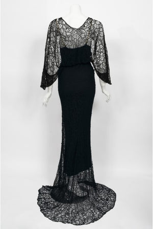 1930's Molyneux Haute Couture Black Lace Winged Sleeve Bias-Cut Gown