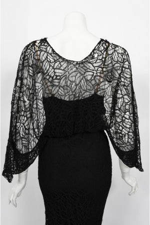 1930's Molyneux Haute Couture Black Lace Winged Sleeve Bias-Cut Gown