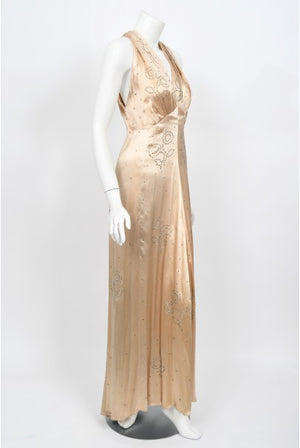 1930's Rhinestone Studded Blush Silk Satin Old Hollywood Bias-Cut Gown