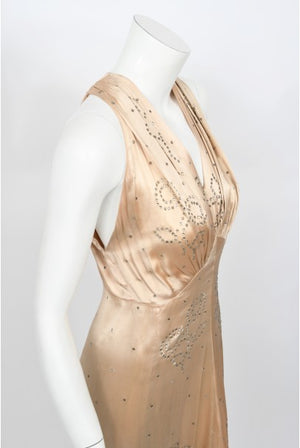 1930's Rhinestone Studded Blush Silk Satin Old Hollywood Bias-Cut Gown
