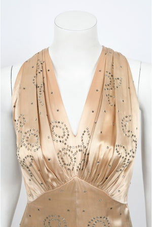1930's Rhinestone Studded Blush Silk Satin Old Hollywood Bias-Cut Gown