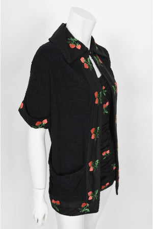 1950's Jantzen Embroidered Novelty Strawberries Swimsuit & Cover Up