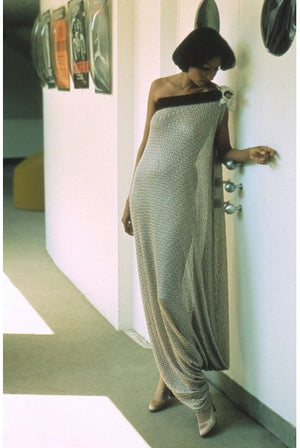 1974 Pierre Cardin Haute Couture Green Silk One-Shoulder Goddess Gown
