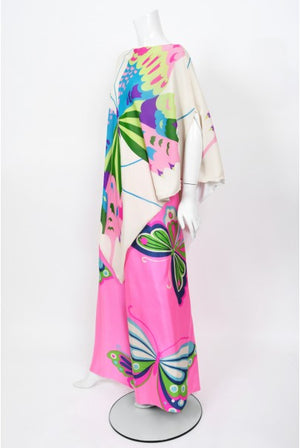 1967 Hanae Mori Psychedelic Butterfly Print Silk Caftan Blouse & Pants