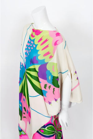 1967 Hanae Mori Psychedelic Butterfly Print Silk Caftan Blouse & Pants