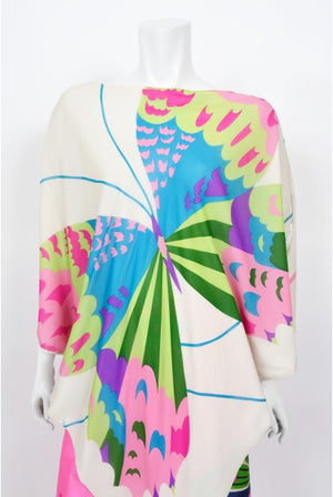 1967 Hanae Mori Psychedelic Butterfly Print Silk Caftan Blouse & Pants