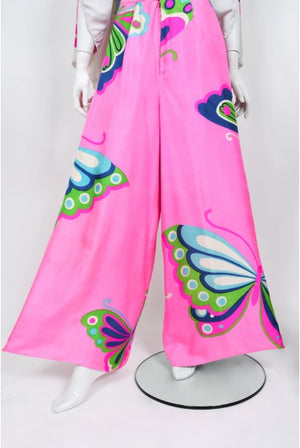 1967 Hanae Mori Psychedelic Butterfly Print Silk Caftan Blouse & Pants