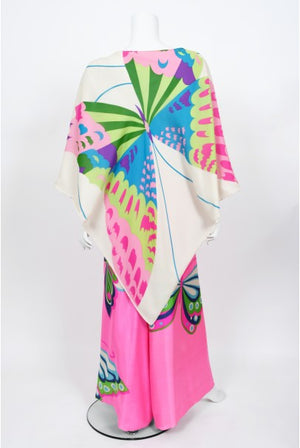 1967 Hanae Mori Psychedelic Butterfly Print Silk Caftan Blouse & Pants