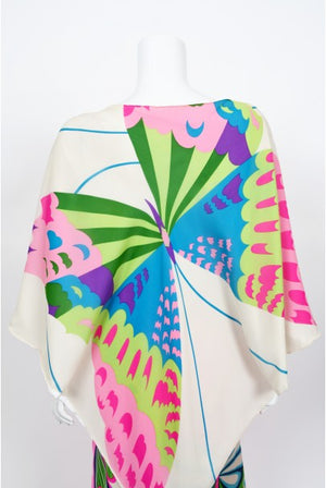 1967 Hanae Mori Psychedelic Butterfly Print Silk Caftan Blouse & Pants